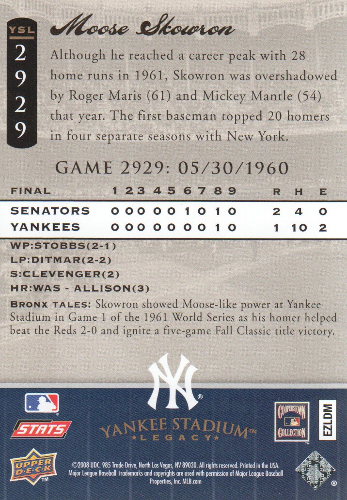 2008 Upper Deck Yankee Stadium Legacy Collection #2929 Moose Skowron back image