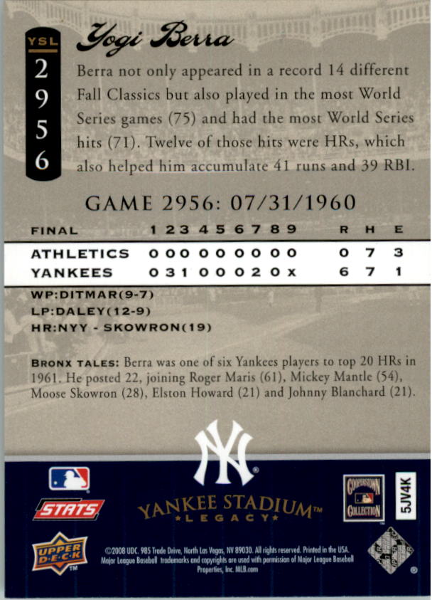 2008 Upper Deck Yankee Stadium Legacy Collection #2956 Yogi Berra back image