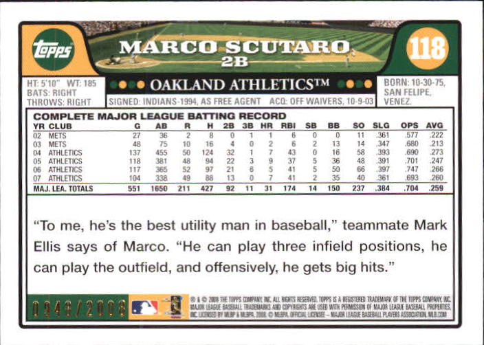 2008 Topps Gold Border #118 Marco Scutaro back image