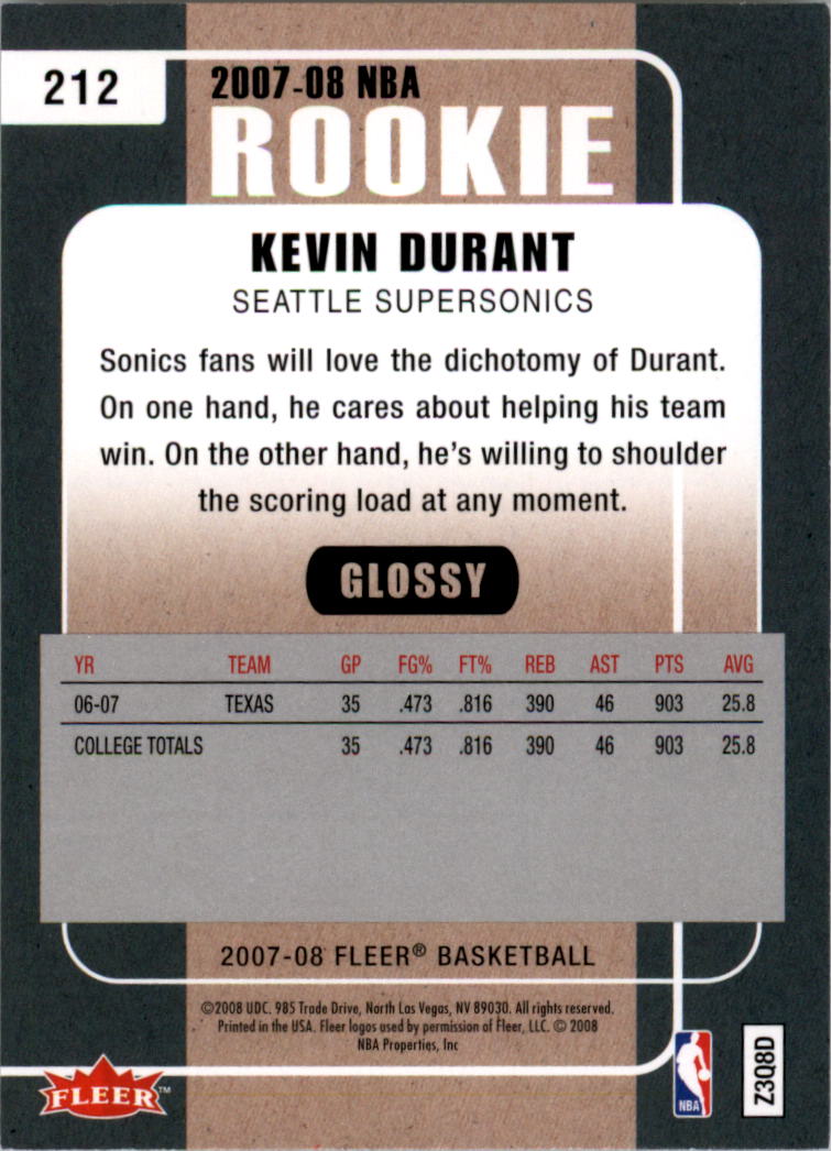 2007-08 Fleer Glossy #212 Kevin Durant back image