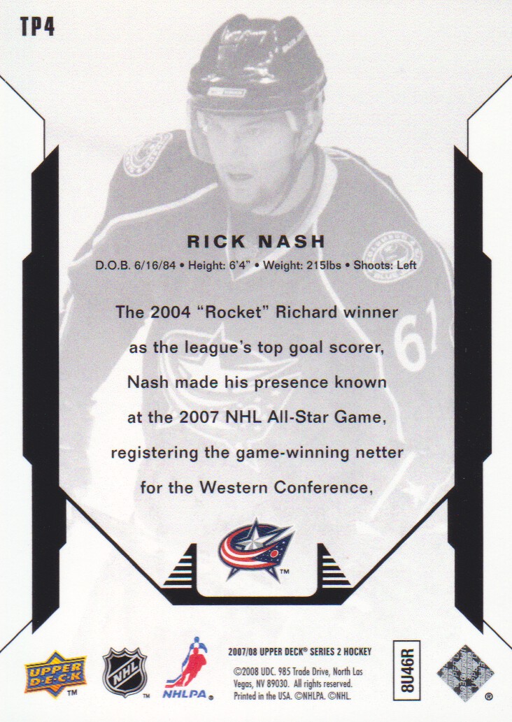 2007-08 Upper Deck Top Picks #TP4 Rick Nash back image