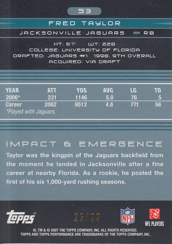 2007 Topps Performance Bronze #53 Fred Taylor back image