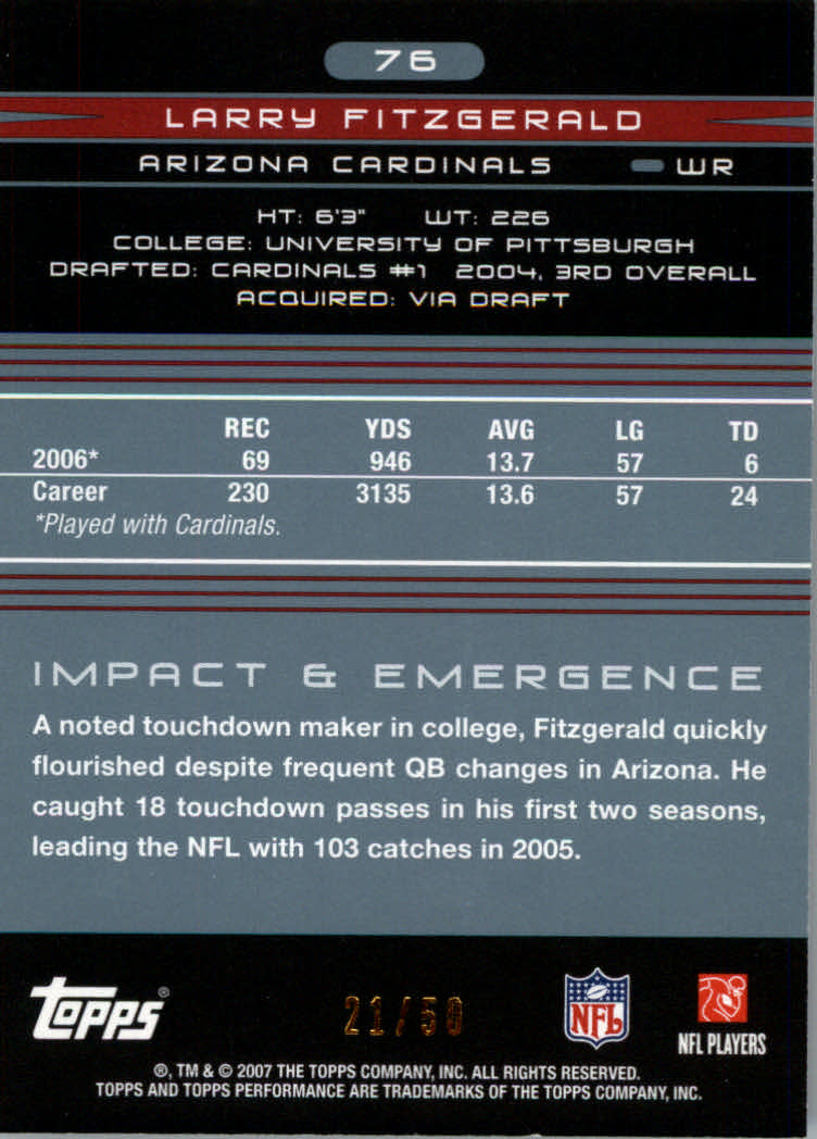 2007 Topps Performance Silver #76 Larry Fitzgerald back image