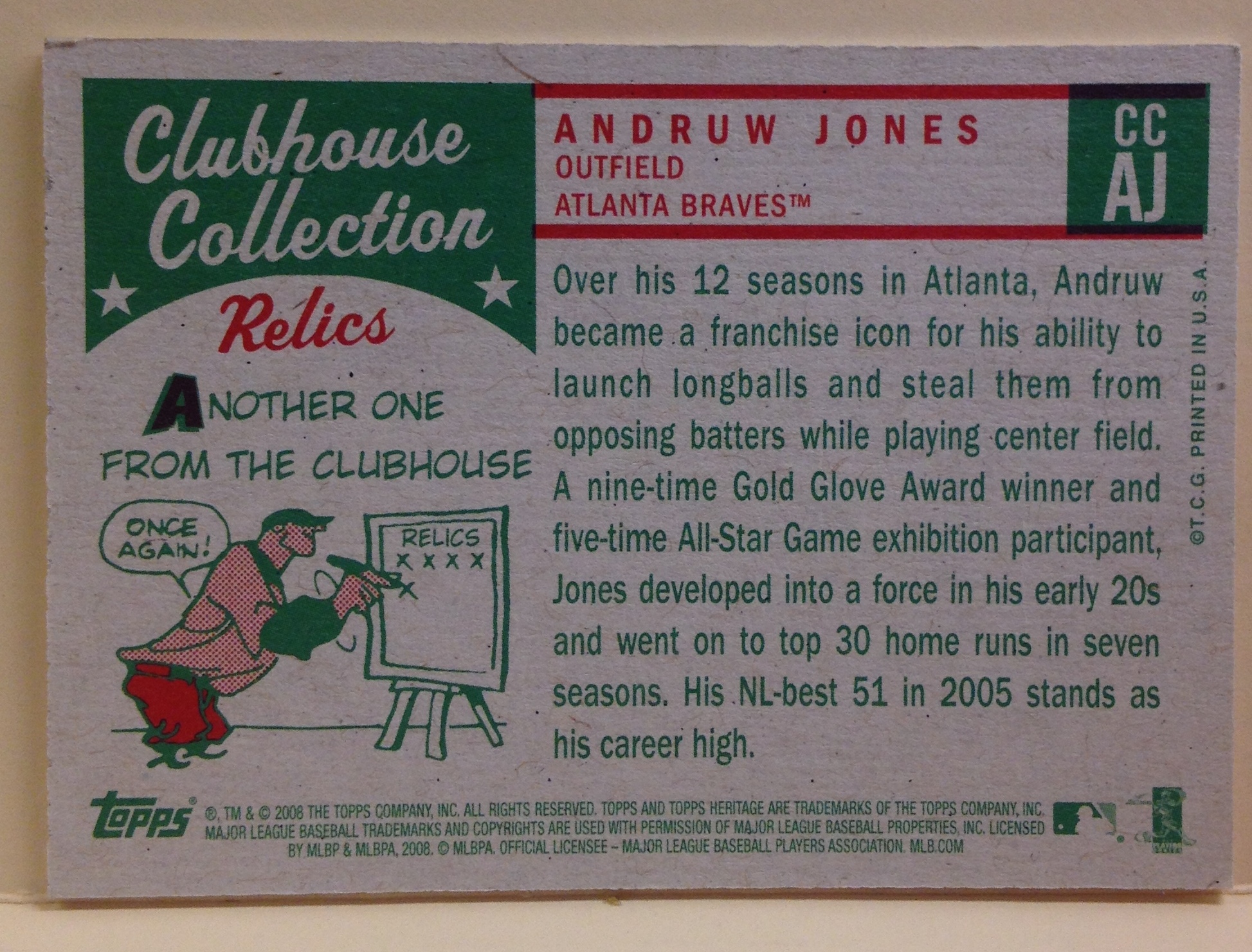 2008 Topps Heritage Clubhouse Collection Relics #AJ Andruw Jones C back image