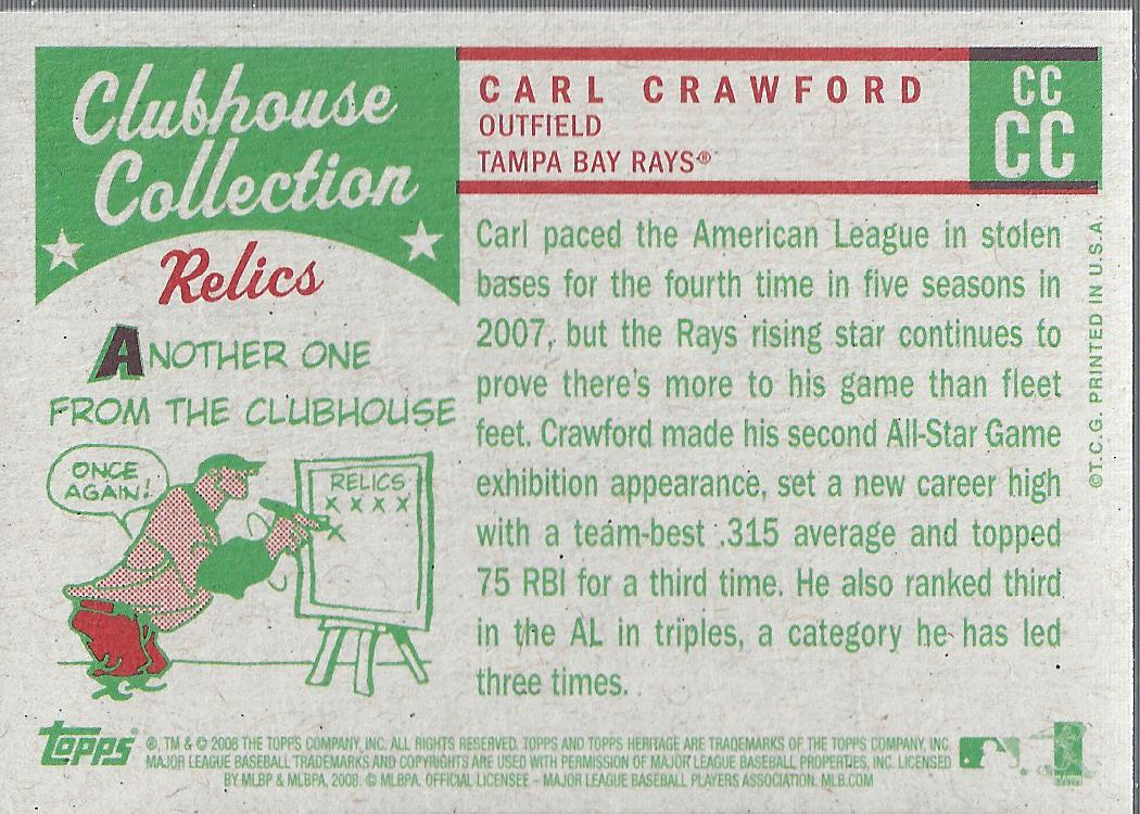 2008 Topps Heritage Clubhouse Collection Relics #CC Carl Crawford C back image