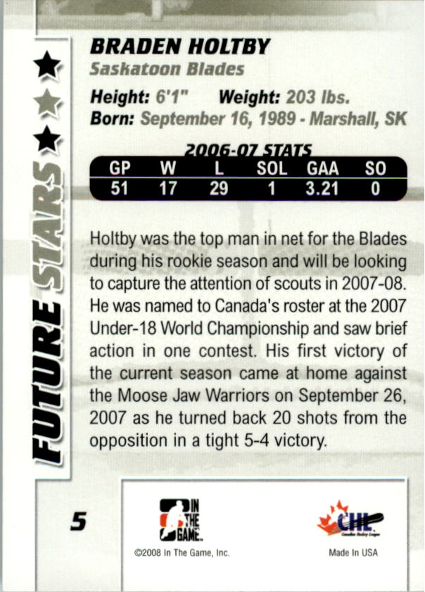 2007-08 Between The Pipes #5 Braden Holtby back image