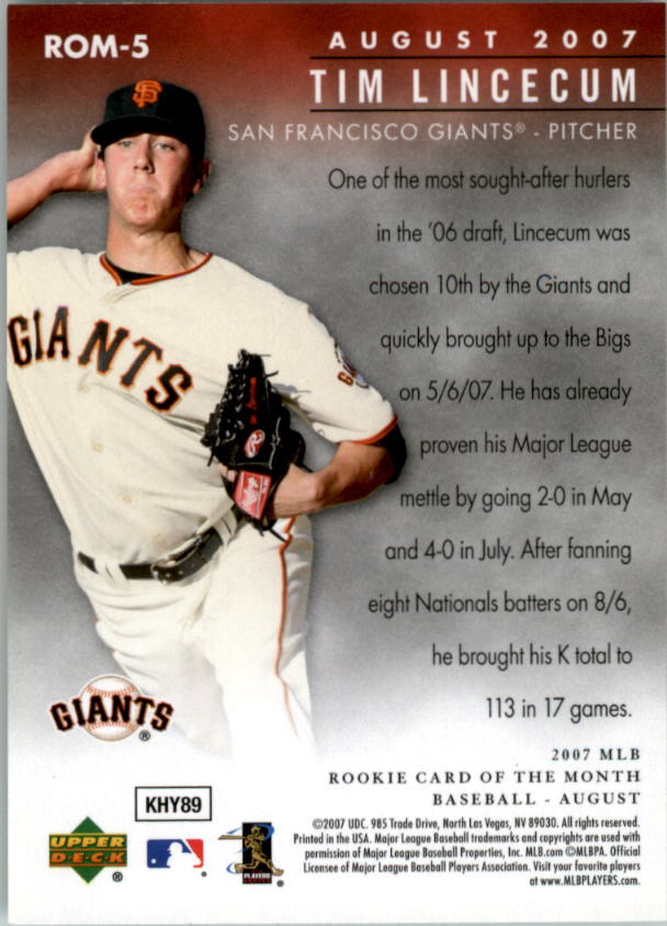 2007 Upper Deck MLB Rookie Card of the Month #ROM5 Tim Lincecum back image