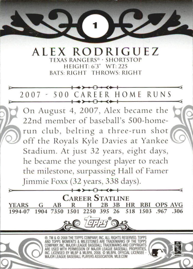 2008 Topps Moments and Milestones #1-216 Alex Rodriguez back image