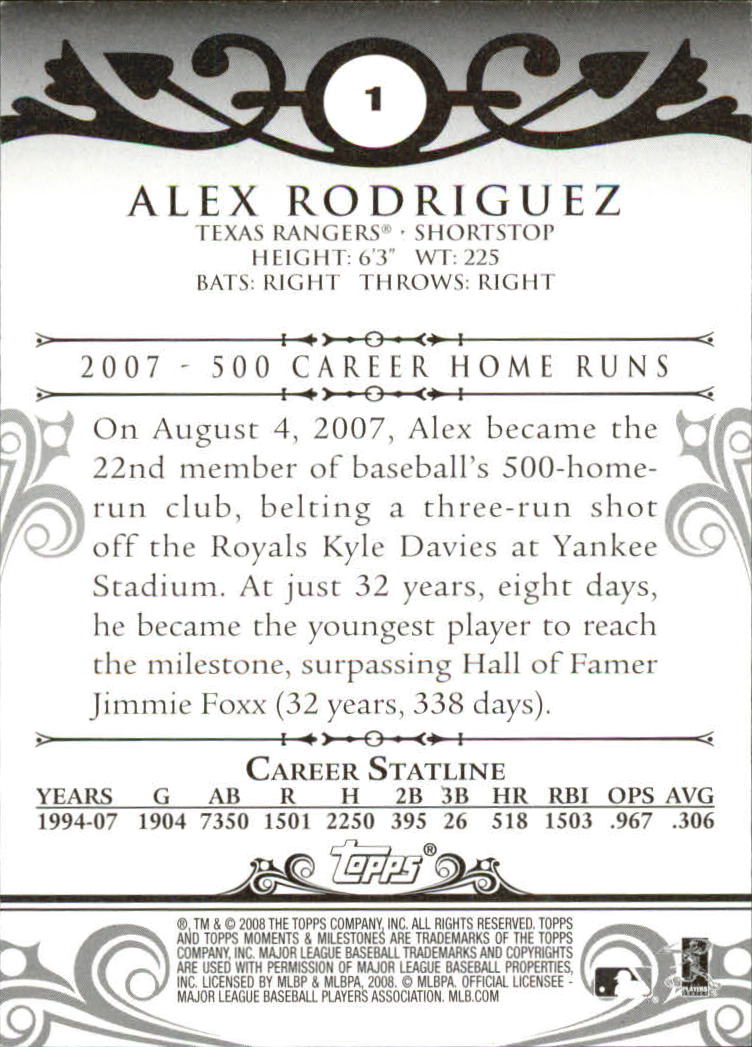 2008 Topps Moments and Milestones #1-272 Alex Rodriguez back image