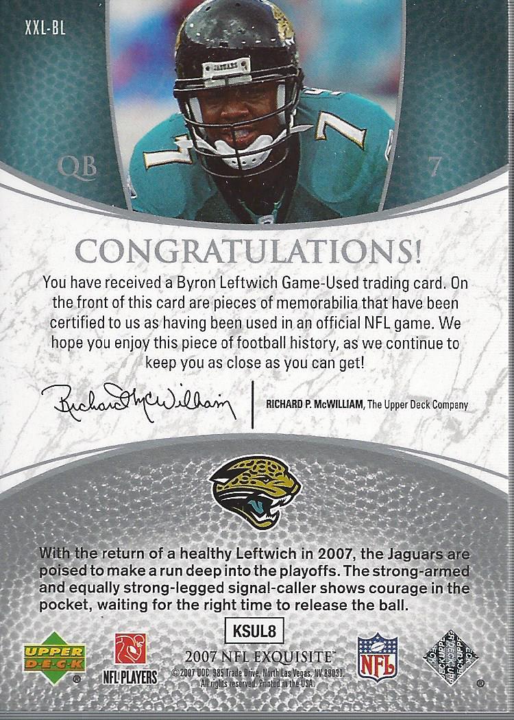 2007 Exquisite Collection Maximum Jersey Silver #BL Byron Leftwich back image