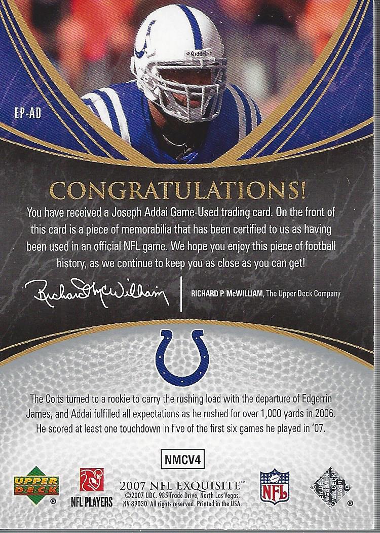 2007 Exquisite Collection Patch Gold #AD Joseph Addai back image