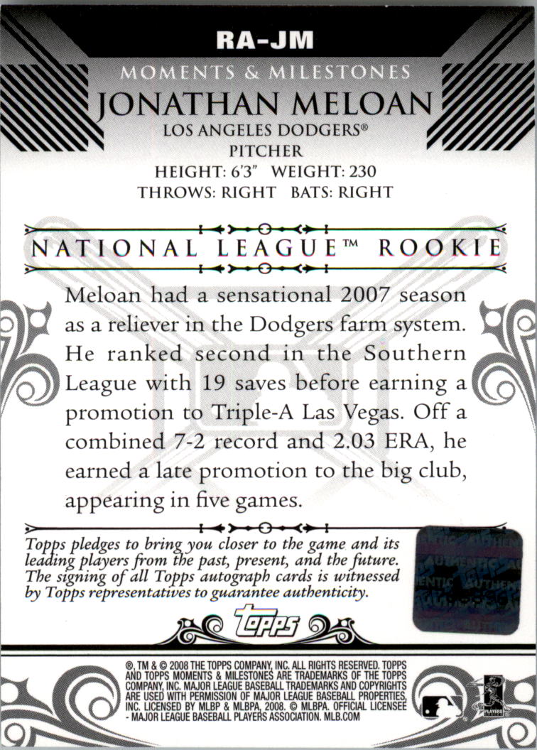 2008 Topps Moments and Milestones Rookie Autographs #JM Jonathan Meloan back image