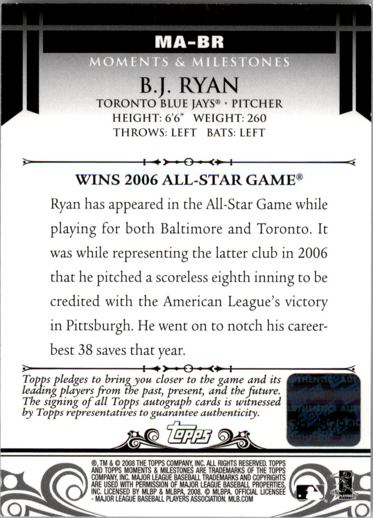2008 Topps Moments and Milestones Milestone Autographs #BR B.J. Ryan A back image