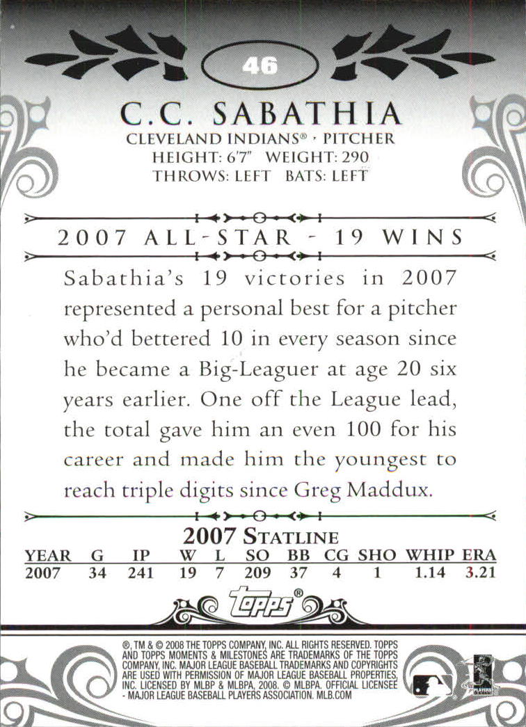 2008 Topps Moments and Milestones #46-12 C.C. Sabathia back image