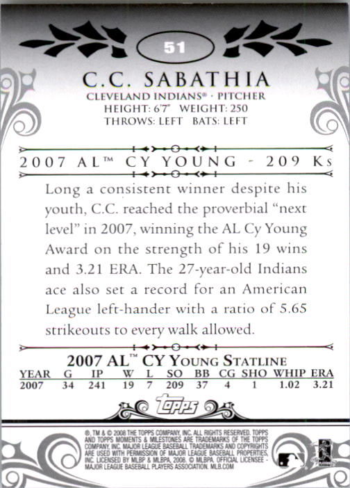 2008 Topps Moments and Milestones #51-21 C.C. Sabathia back image