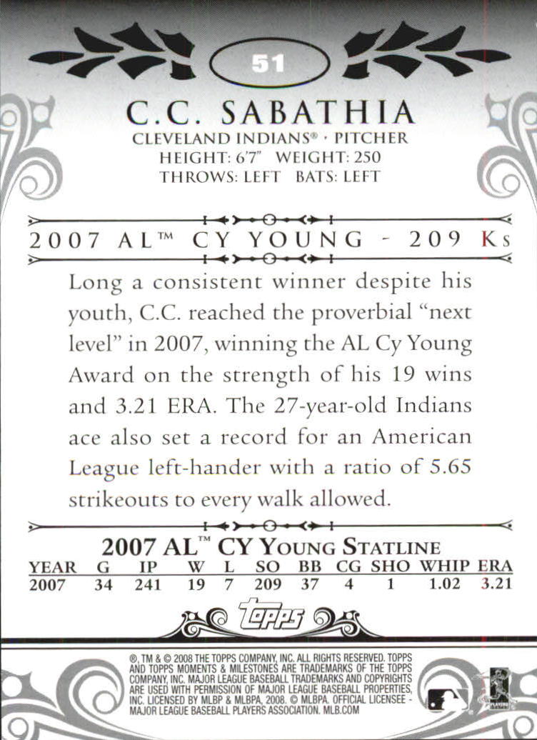 2008 Topps Moments and Milestones #51-70 C.C. Sabathia back image