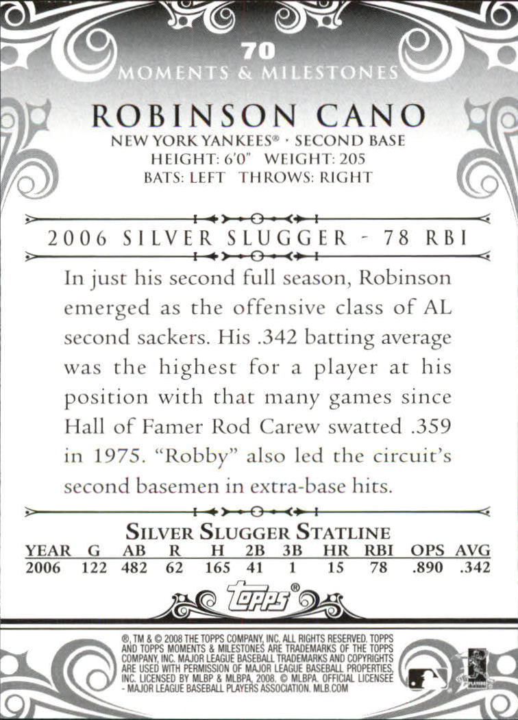 2008 Topps Moments and Milestones #70-28 Robinson Cano back image
