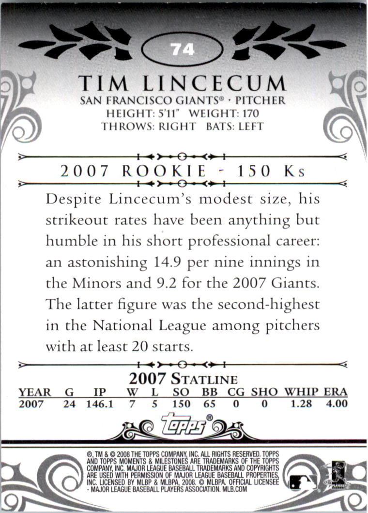 2008 Topps Moments and Milestones #74-3 Tim Lincecum back image
