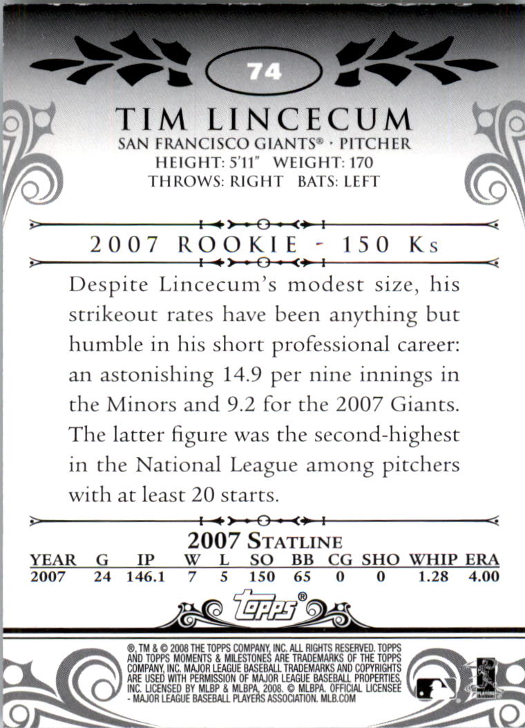 2008 Topps Moments and Milestones #74-29 Tim Lincecum back image