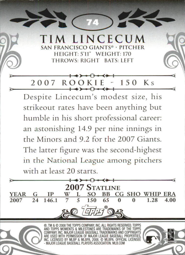 2008 Topps Moments and Milestones #74-53 Tim Lincecum back image