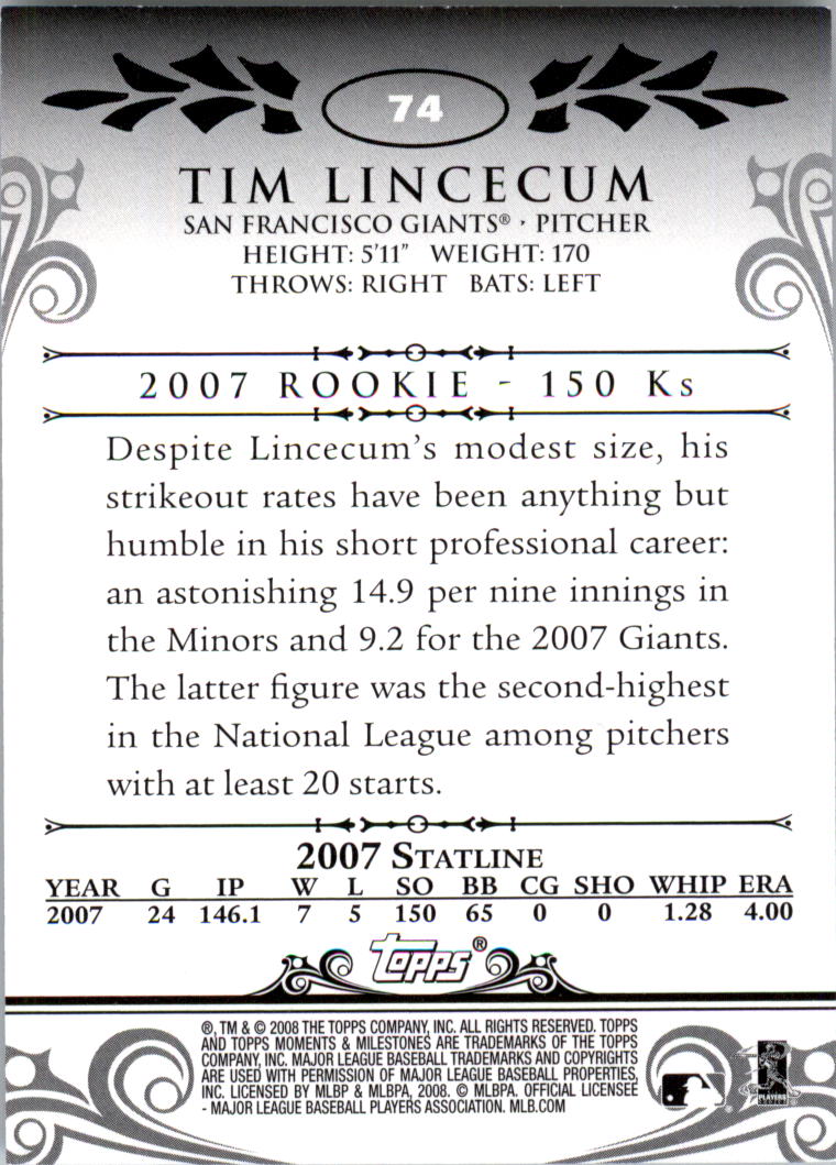 2008 Topps Moments and Milestones #74-77 Tim Lincecum back image