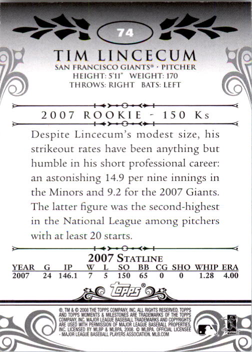 2008 Topps Moments and Milestones #74-101 Tim Lincecum back image