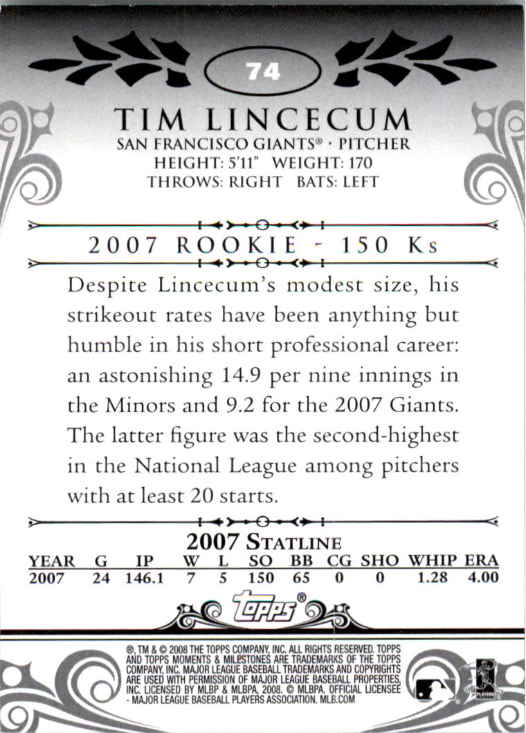 2008 Topps Moments and Milestones #74-126 Tim Lincecum back image