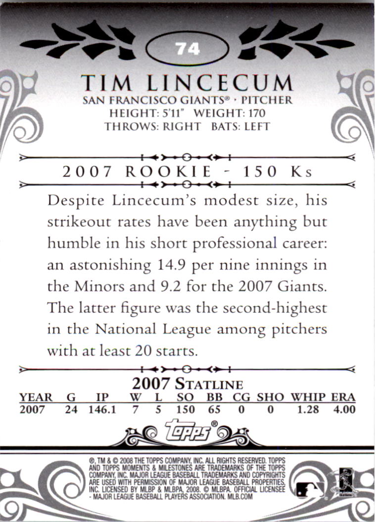2008 Topps Moments and Milestones #74-133 Tim Lincecum back image