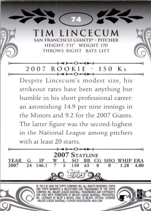 2008 Topps Moments and Milestones #74-146 Tim Lincecum back image