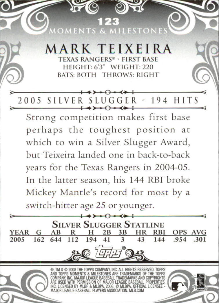 2008 Topps Moments and Milestones #123-25 Mark Teixeira back image