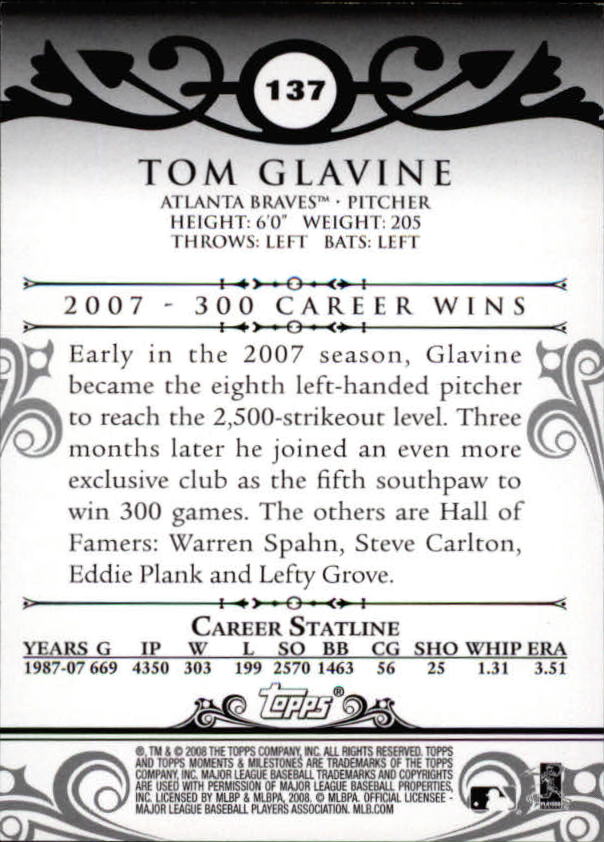 2008 Topps Moments and Milestones #137-50 Tom Glavine back image