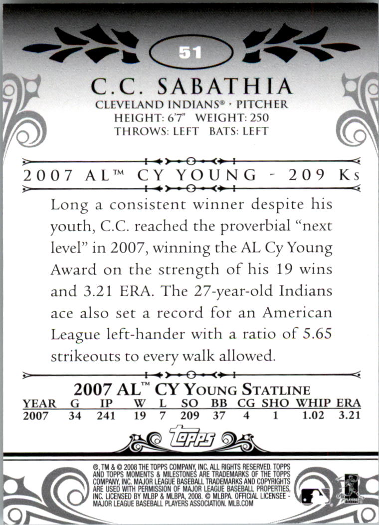 2008 Topps Moments and Milestones Black #51-44 C.C. Sabathia back image