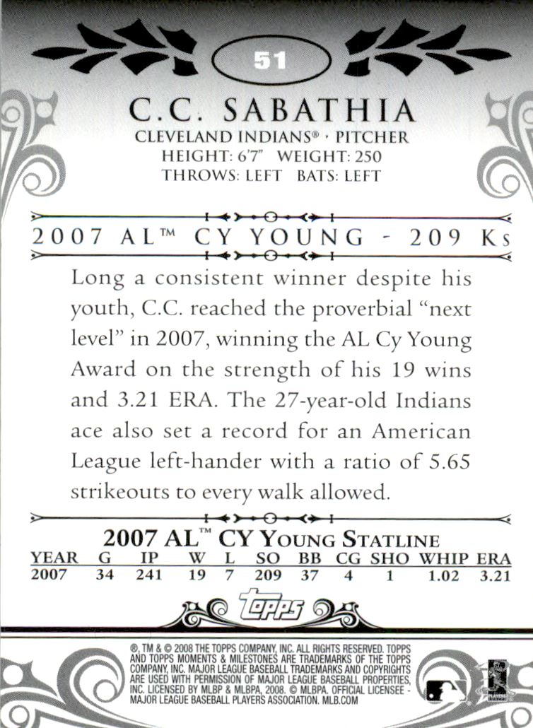 2008 Topps Moments and Milestones Black #51-50 C.C. Sabathia back image