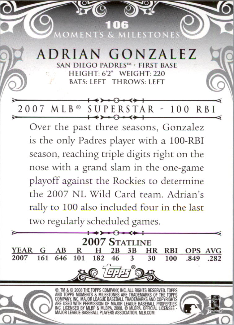 2008 Topps Moments and Milestones Black #106-25 Adrian Gonzalez back image