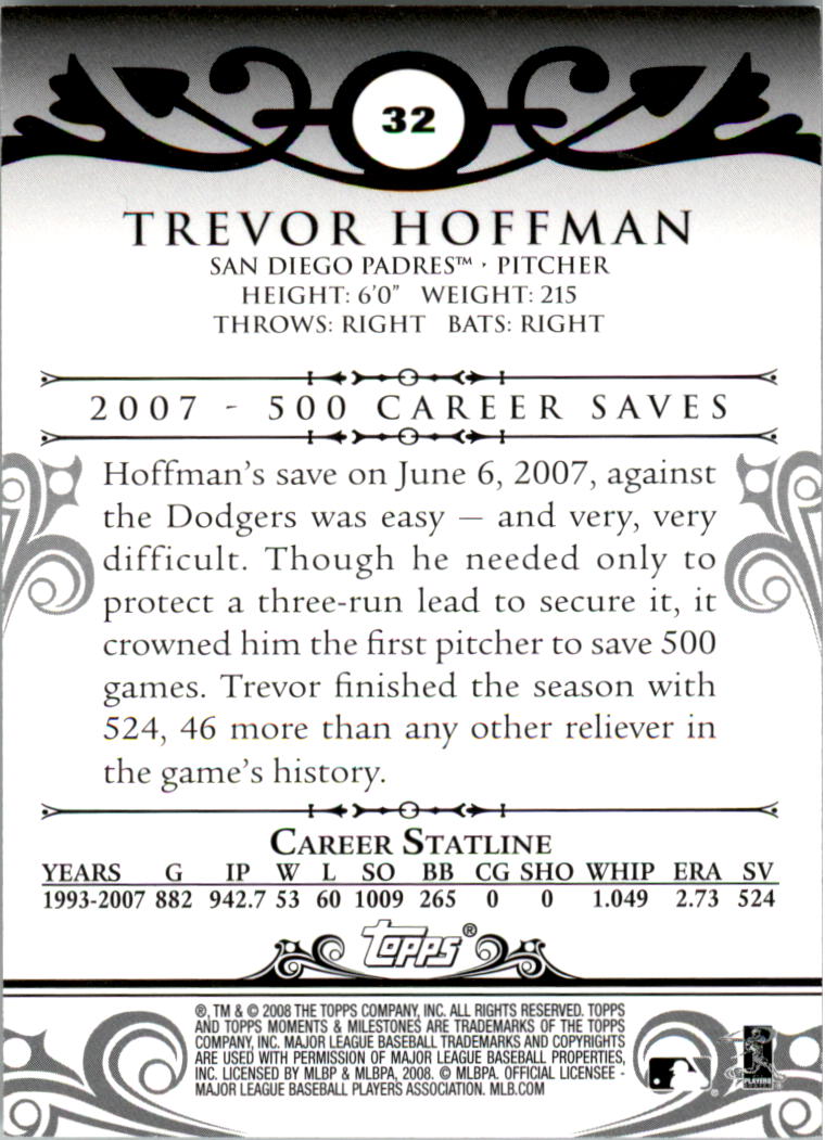 2008 Topps Moments and Milestones Blue #32-86 Trevor Hoffman back image
