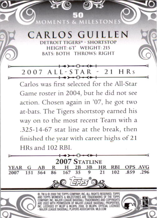 2008 Topps Moments and Milestones Blue #50-8 Carlos Guillen back image