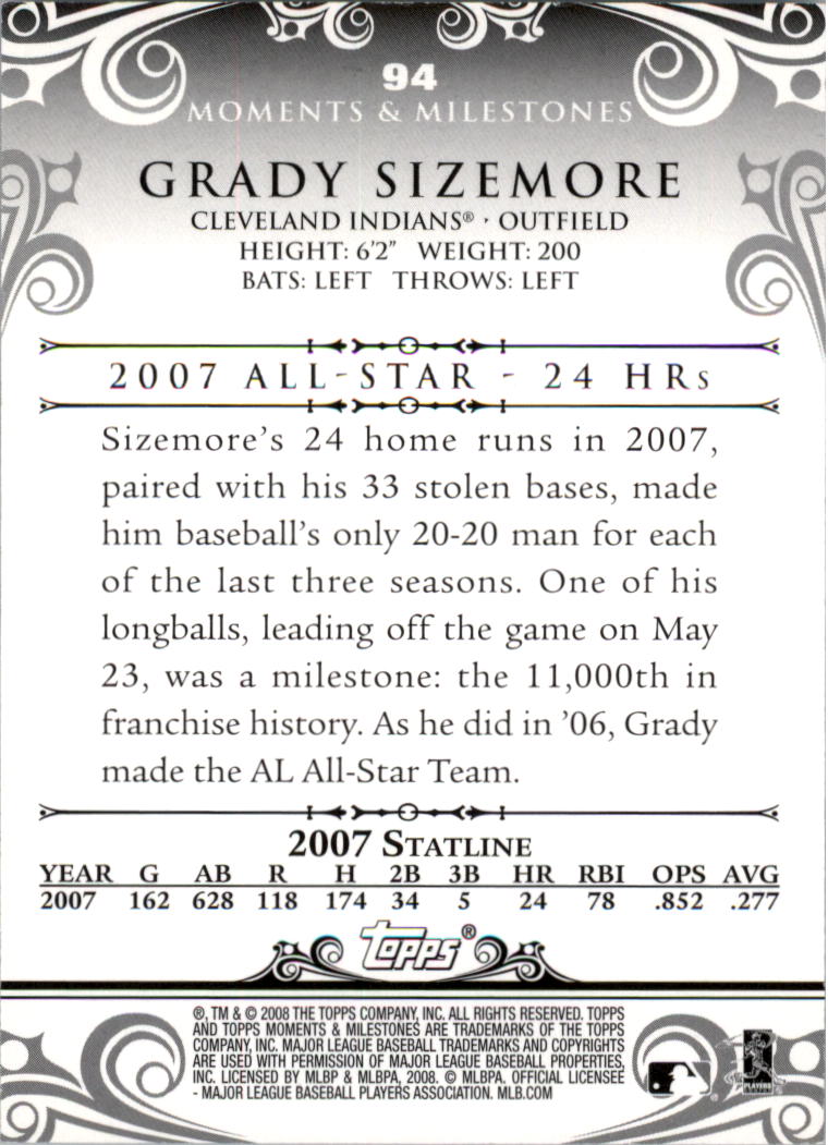 2008 Topps Moments and Milestones Blue #94-7 Grady Sizemore back image