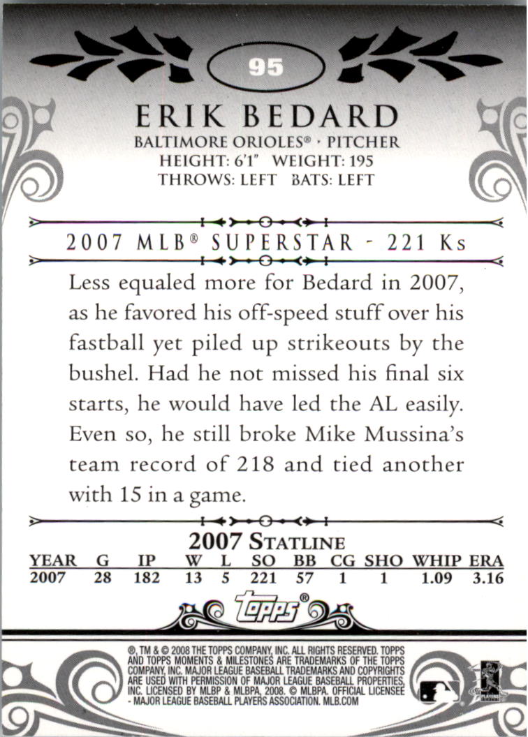 2008 Topps Moments and Milestones Blue #95-45 Erik Bedard back image