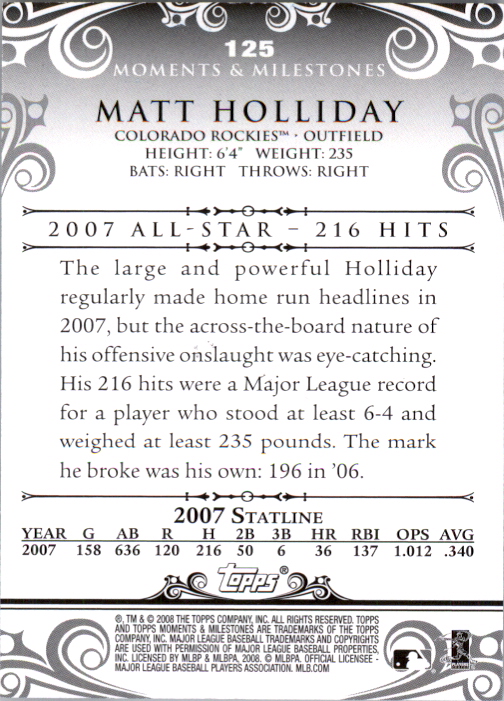 2008 Topps Moments and Milestones Blue #125-74 Matt Holliday back image