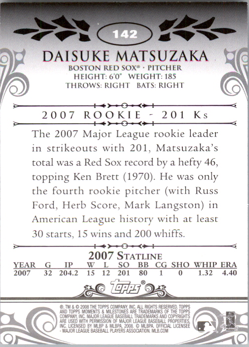 2008 Topps Moments and Milestones Blue #142-78 Daisuke Matsuzaka back image