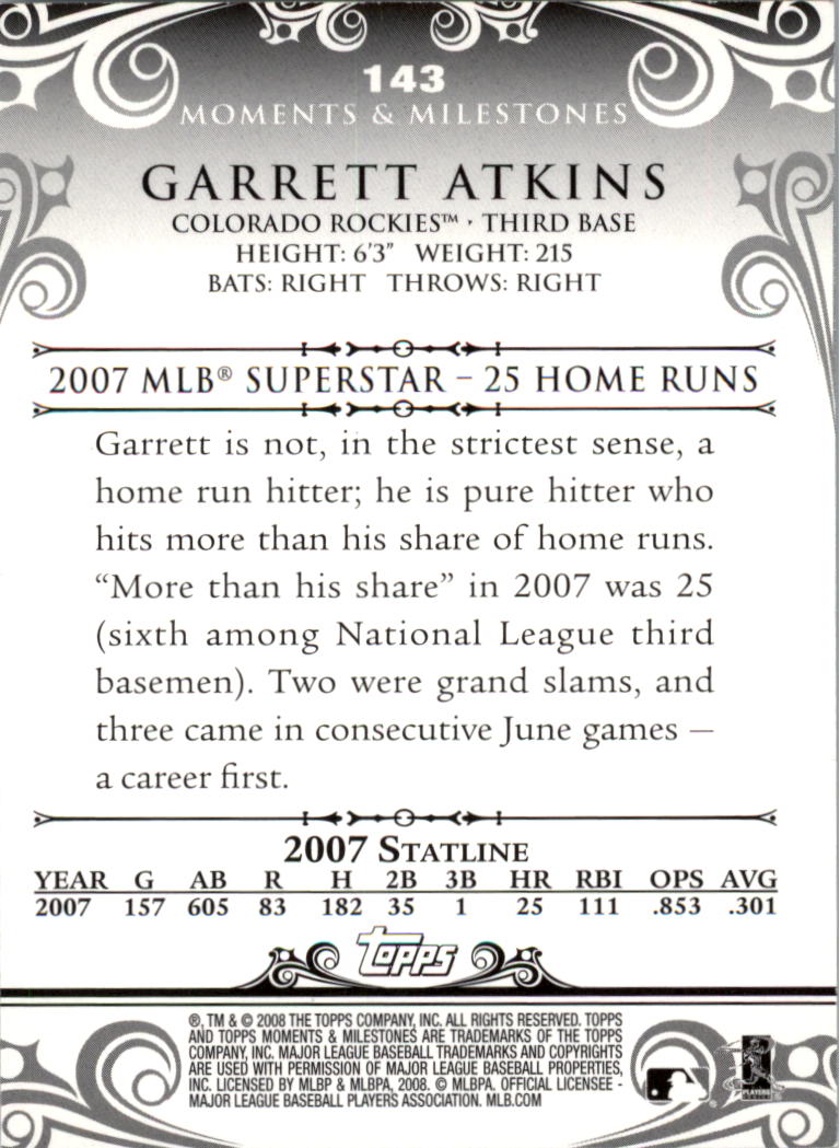 2008 Topps Moments and Milestones Blue #143-14 Garrett Atkins back image