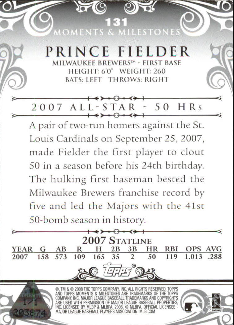 2008 Topps Moments and Milestones Red #131-44 Prince Fielder back image
