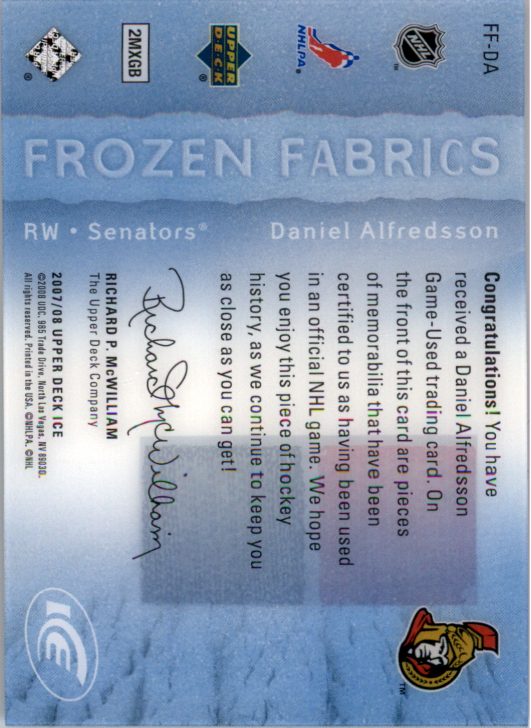 2007-08 Upper Deck Ice Frozen Fabrics Parallel #FFDA Daniel Alfredsson back image