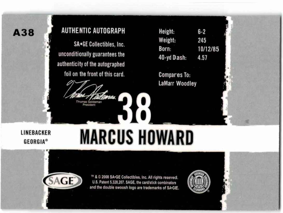 2008 SAGE HIT Autographs Gold #A38 Marcus Howard back image