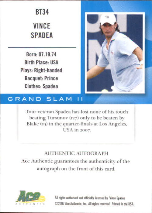 2008 Ace Authentic Grand Slam Breaking Through Autographs Silver #BT34 Vincent Spadea back image
