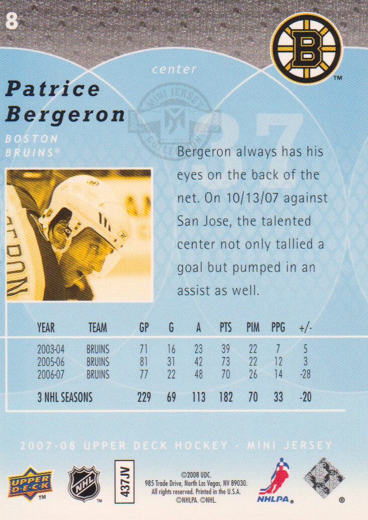 2007-08 UD Mini Jersey Collection #8 Patrice Bergeron back image
