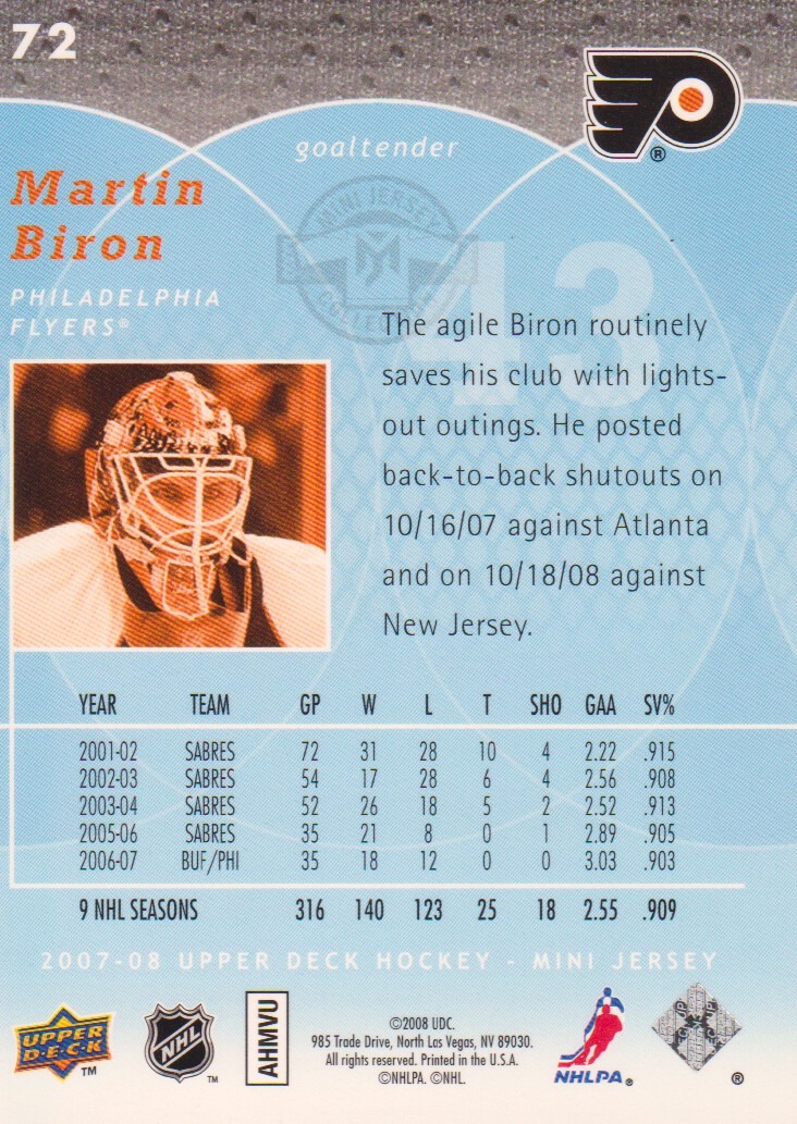 2007-08 UD Mini Jersey Collection #72 Martin Biron back image