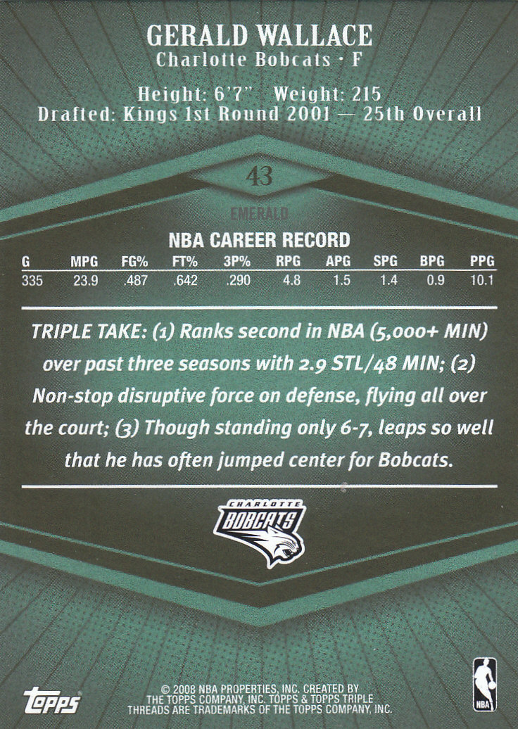 2007-08 Topps Triple Threads Emerald #43 Gerald Wallace back image