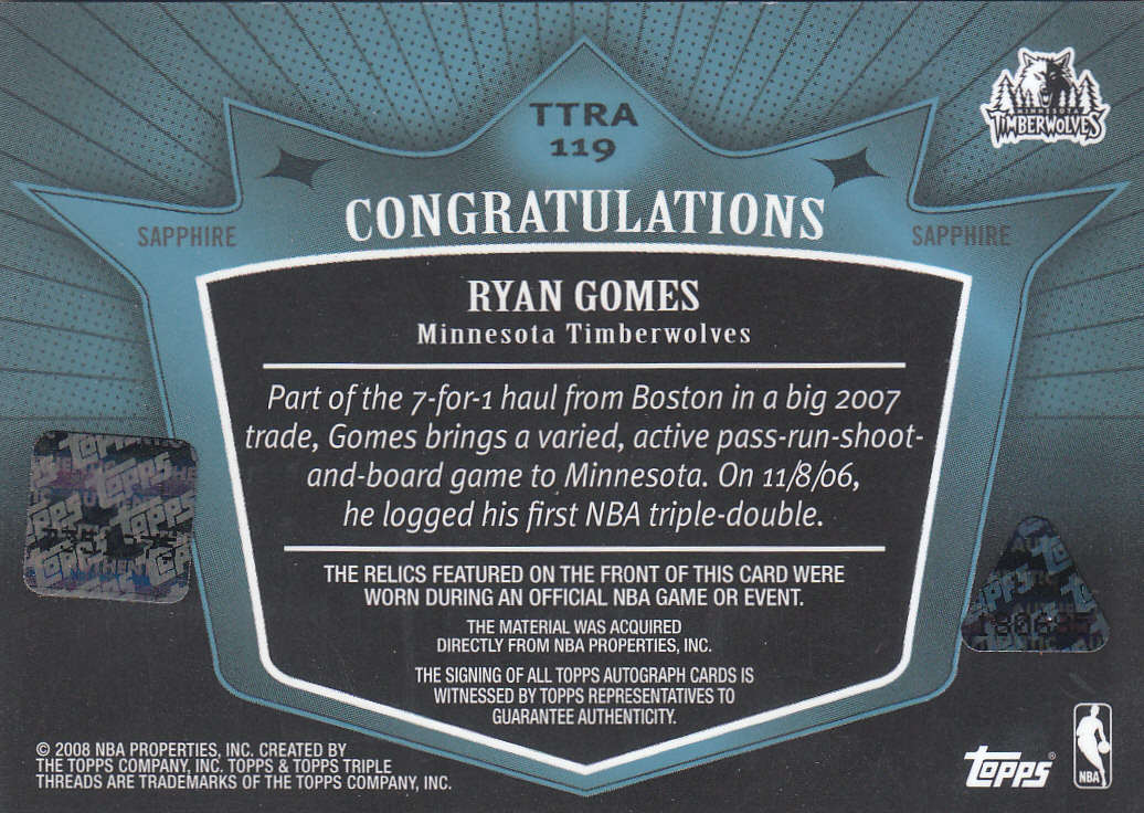 2007-08 Topps Triple Threads Relics Autographs Sapphire #119 Ryan Gomes Shoot back image