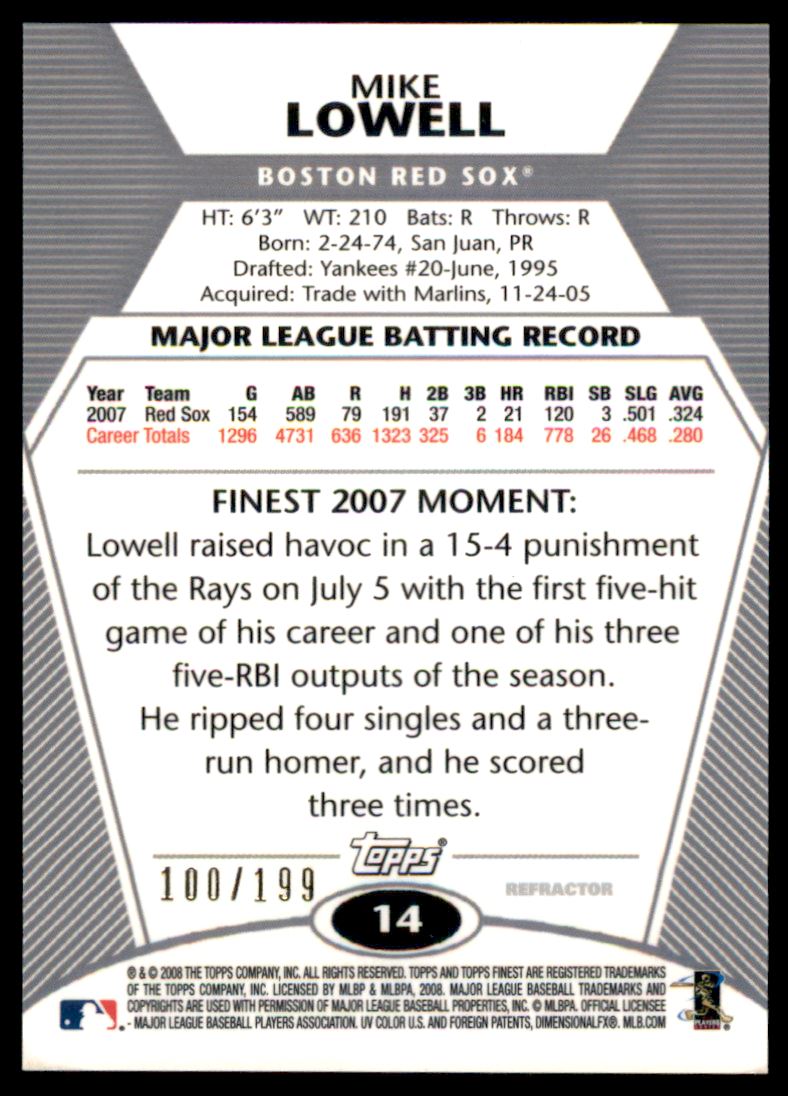 2008 Finest Refractors Green #14 Mike Lowell back image